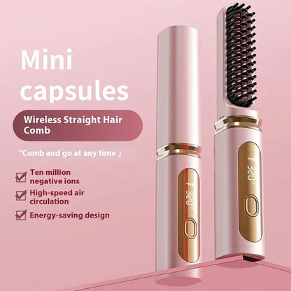 Cordless Hair Straightener Brush with Cover - Portable Mini Negative Ion Hot Comb for Travel, Gym & Car - USB Rechargeable Anti-Scald Hair Styler Hair Styling Tools to Go Brush Heat Comb
