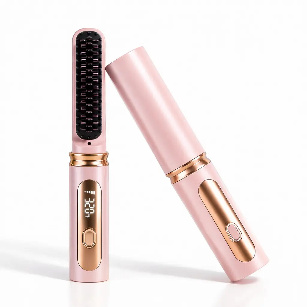 Cordless Hair Straightener Brush with Cover - Portable Mini Negative Ion Hot Comb for Travel, Gym & Car - USB Rechargeable Anti-Scald Hair Styler Hair Styling Tools to Go Brush Heat Comb