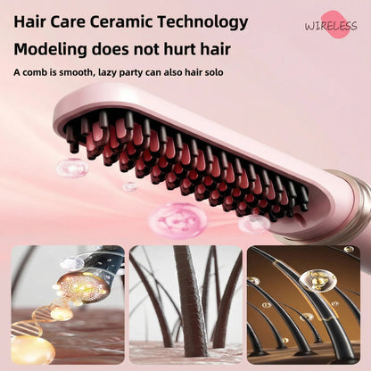 Cordless Hair Straightener Brush with Cover - Portable Mini Negative Ion Hot Comb for Travel, Gym & Car - USB Rechargeable Anti-Scald Hair Styler Hair Styling Tools to Go Brush Heat Comb
